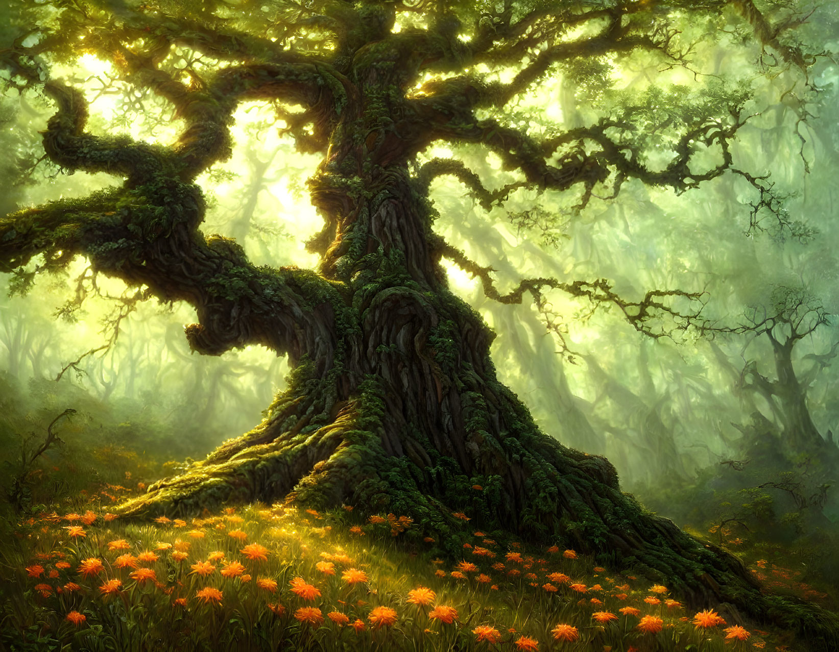 Majestic ancient tree in sunlight with orange flowers in lush forest