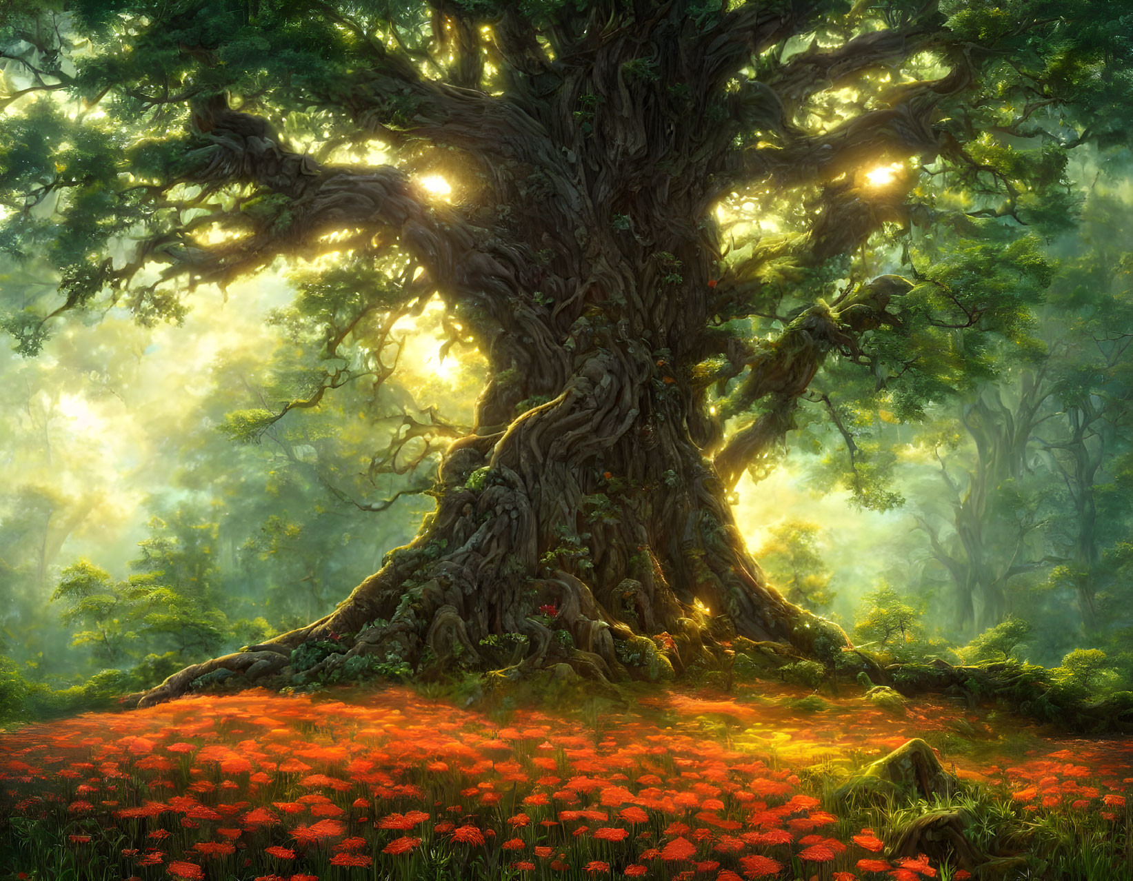 Majestic tree with thick trunk in mystical forest with sunlight and red flowers