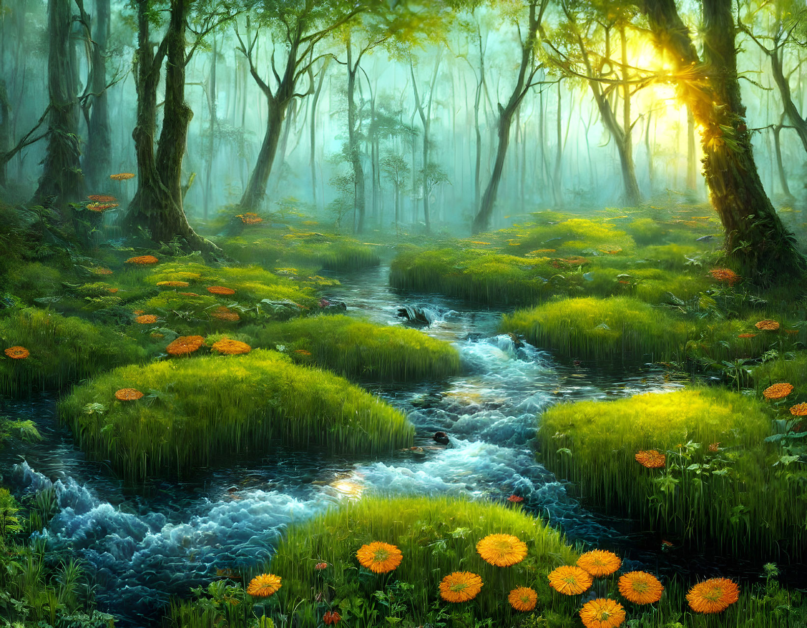 Ethereal forest scene with babbling brook, moss, & orange flowers