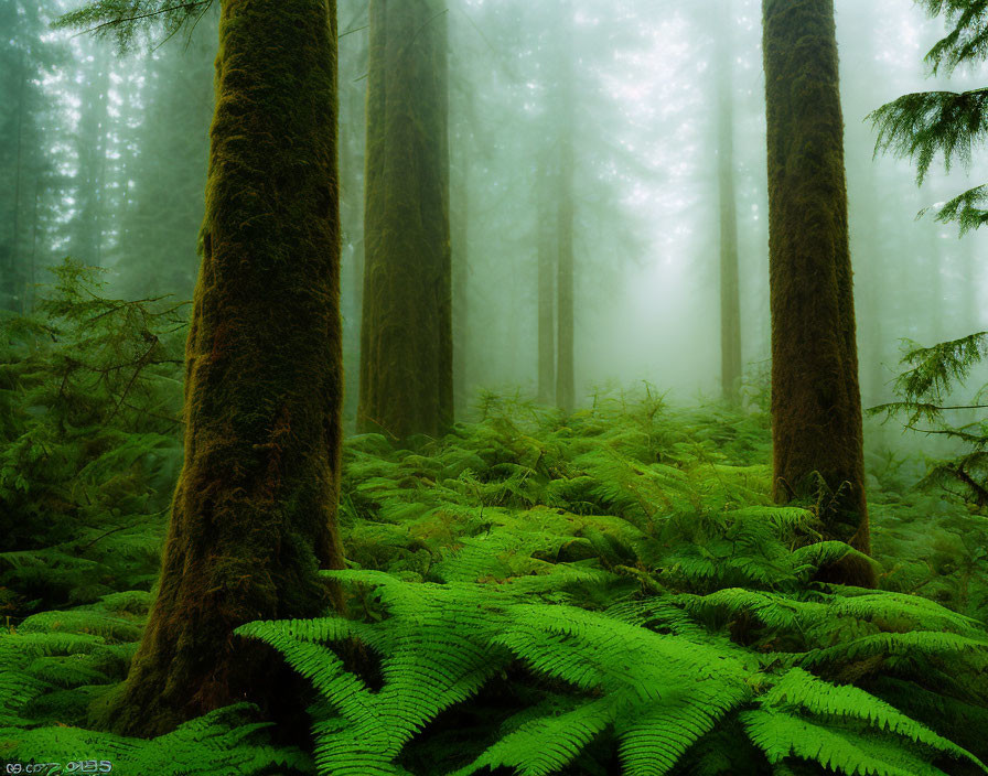 Enchanting misty forest with towering trees and fern carpet