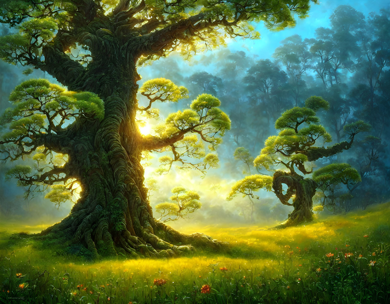 Majestic tree in sunlight with lush foliage and mystical forest landscape