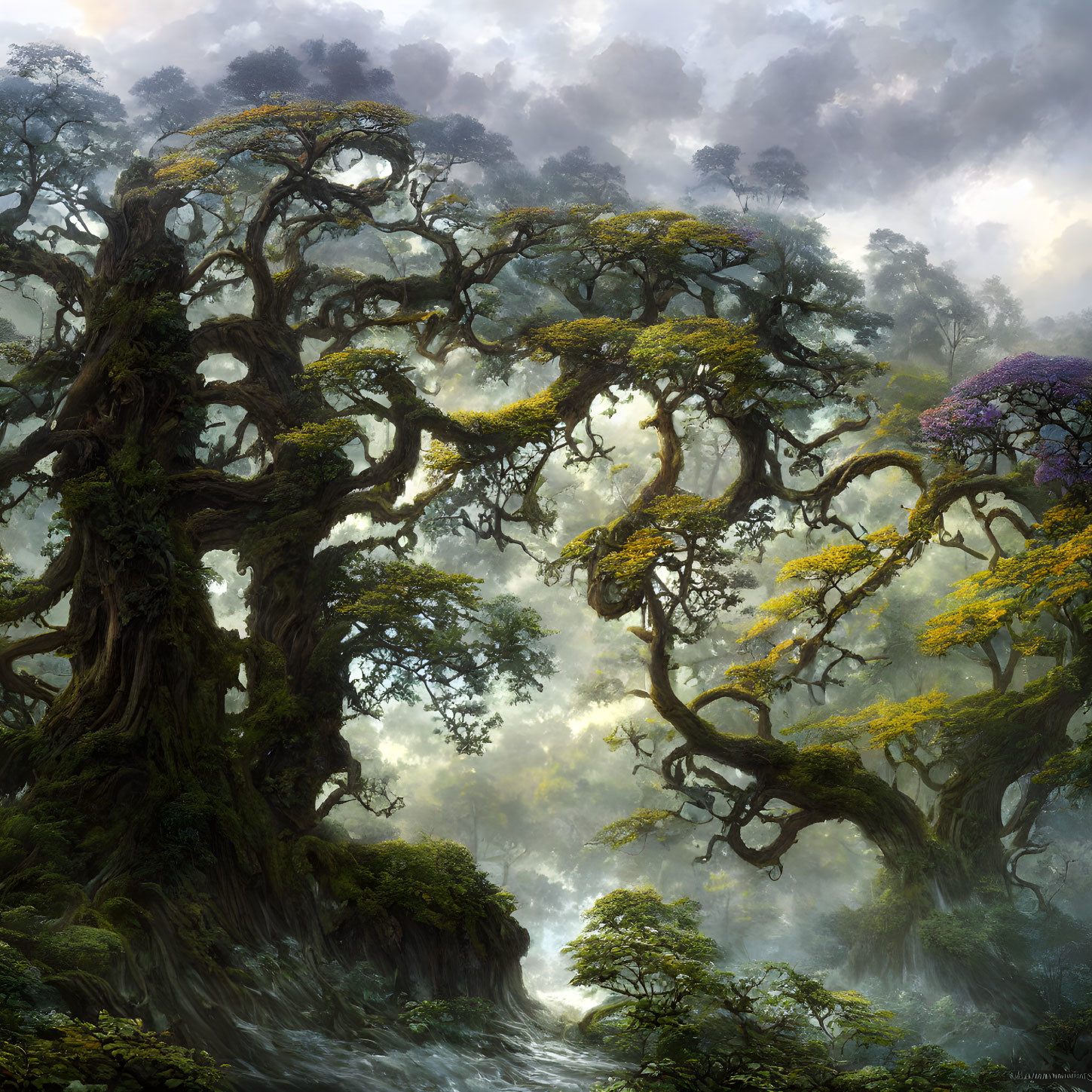 Ancient twisted trees with yellow blossoms in misty forest scene