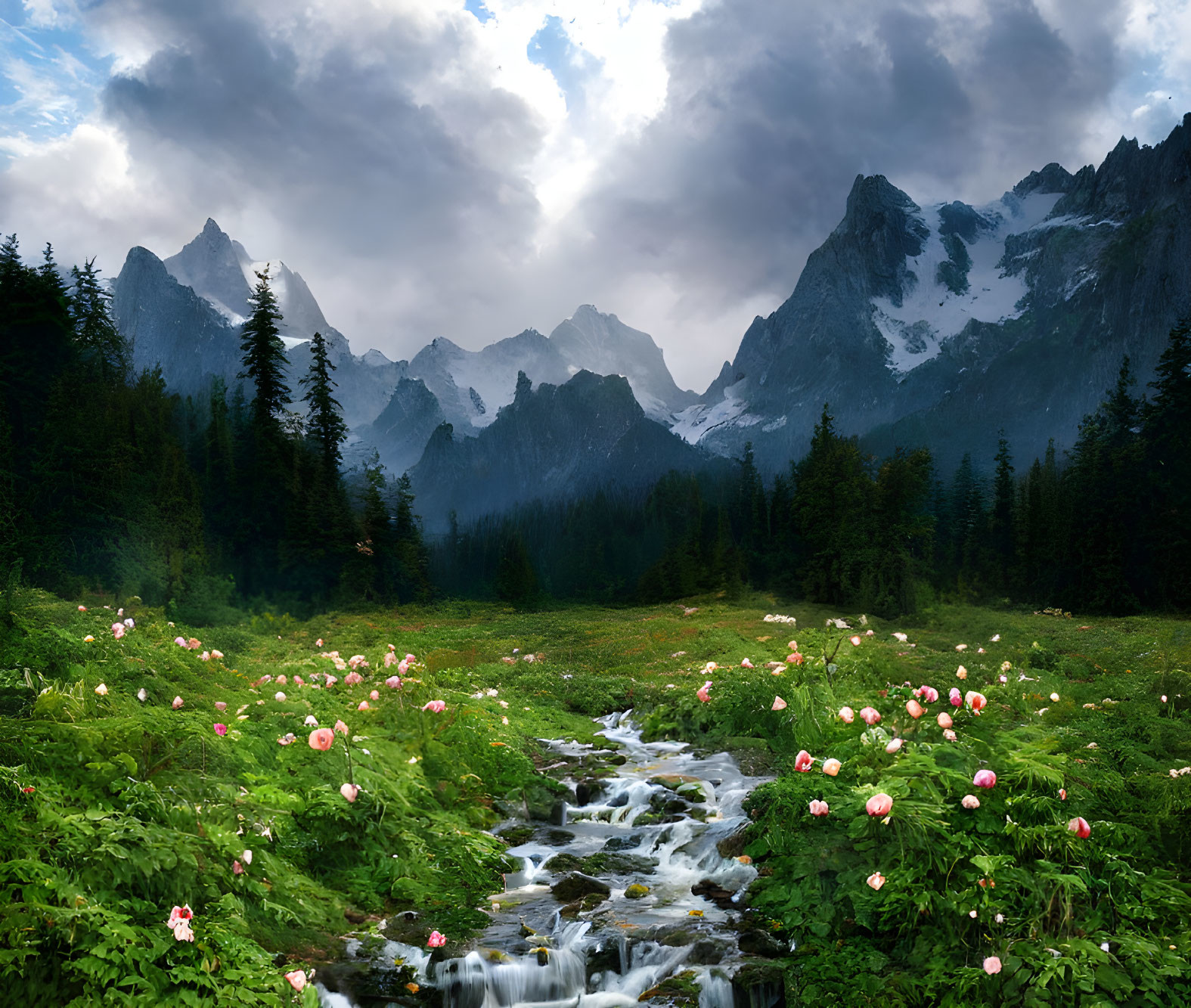 Tranquil mountain landscape with stream, wildflowers, and dramatic sky