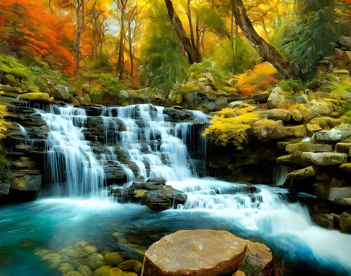 Tranquil waterfall in autumn forest with colorful foliage