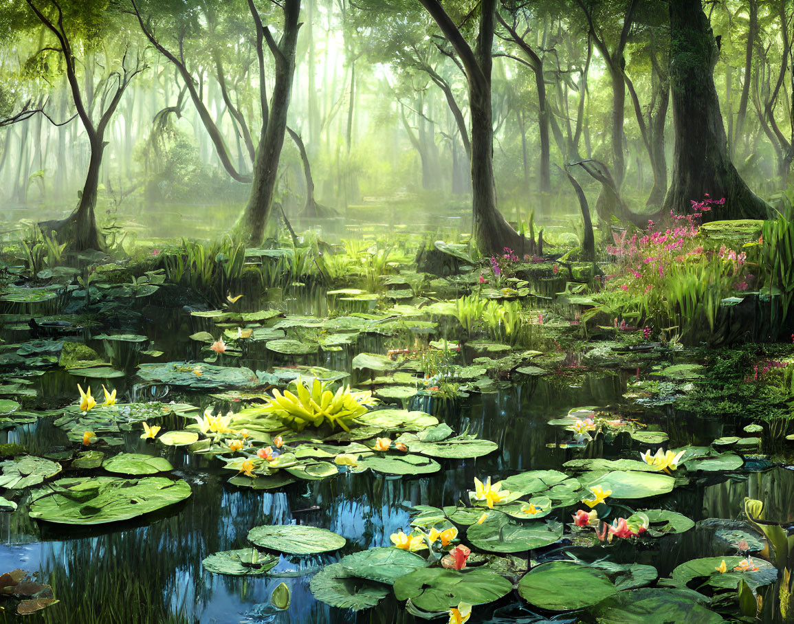 Tranquil forest pond with blooming lilies and sunlit mist