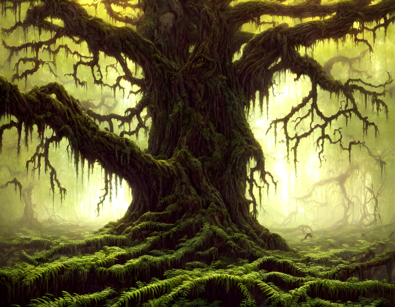 Ancient tree with moss-covered roots in lush green forest