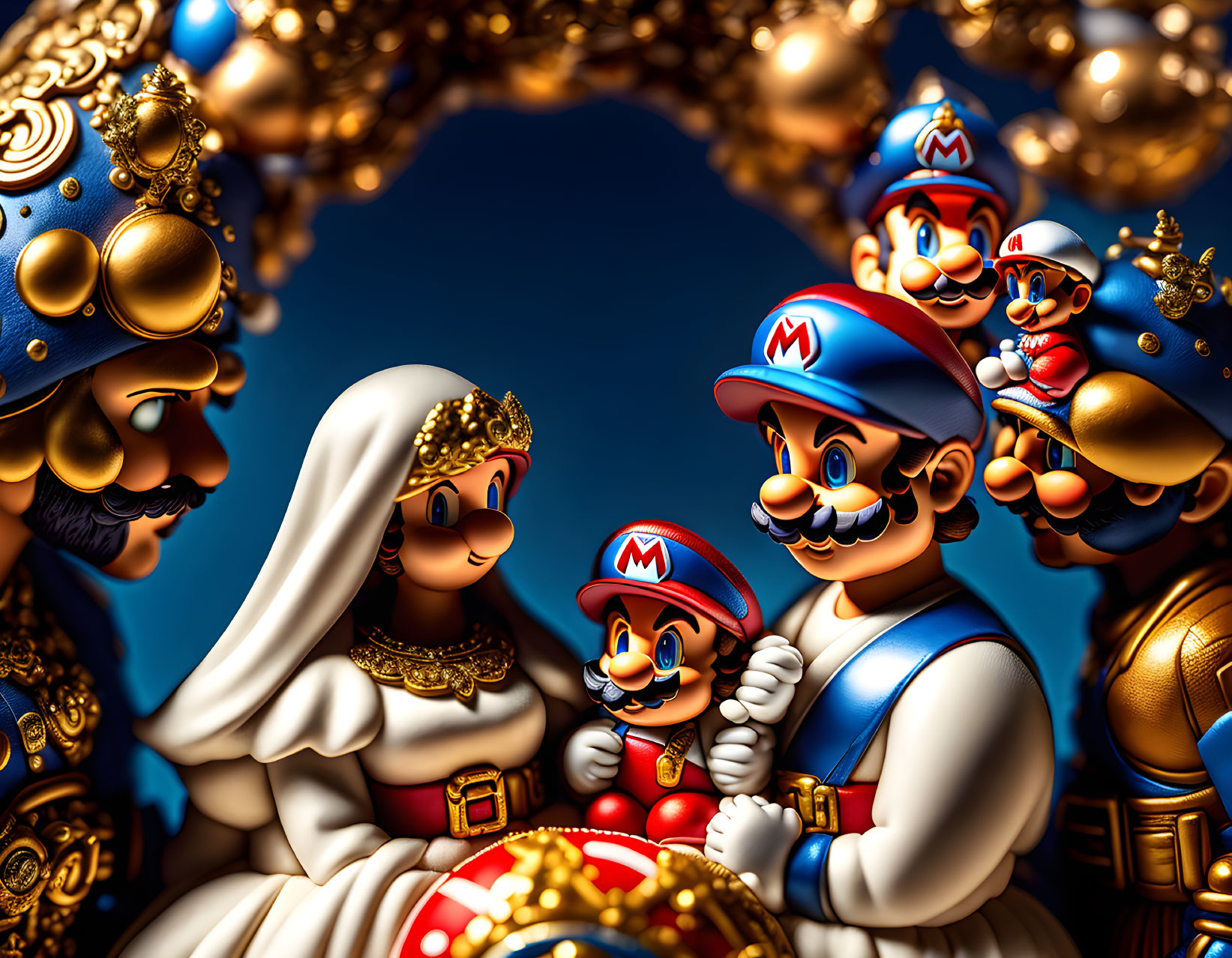 Vibrant Mario characters in nativity scene with gold accents