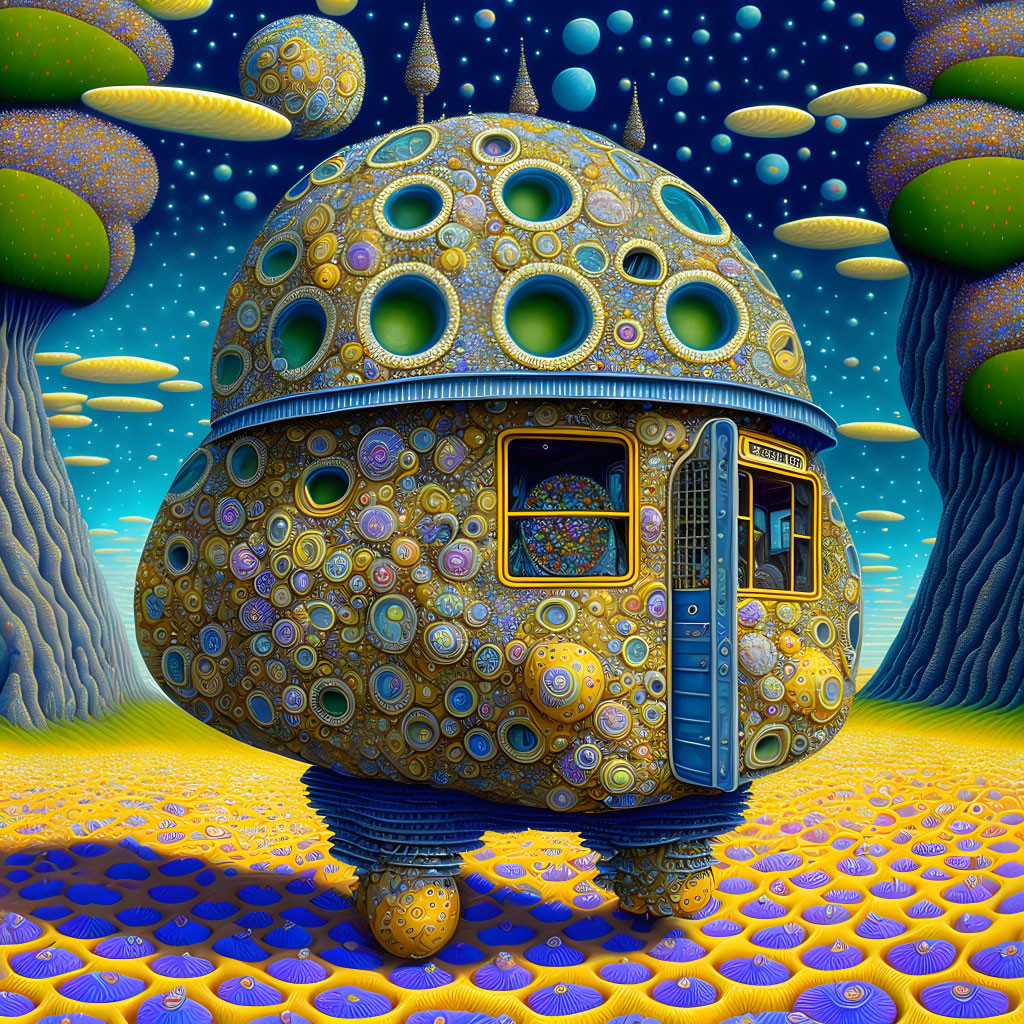 Surrealist landscape with dome-shaped structure and alien trees