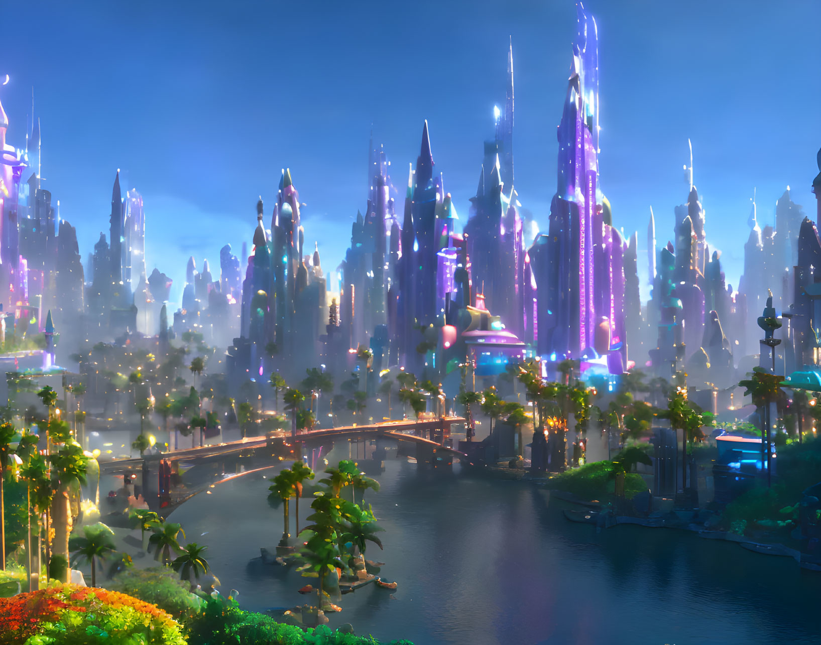 Futuristic cityscape with towering spires, serene river, bridges, and lush greenery at