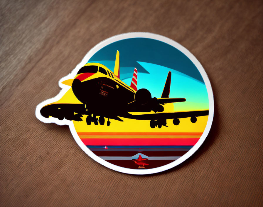 Airplane silhouette sticker with sunset background and red, yellow stripes on wooden surface