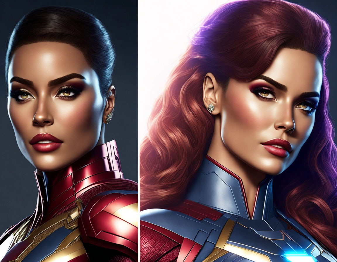 Dual portraits of a woman: one regular, the other half superhero in red and gold armor