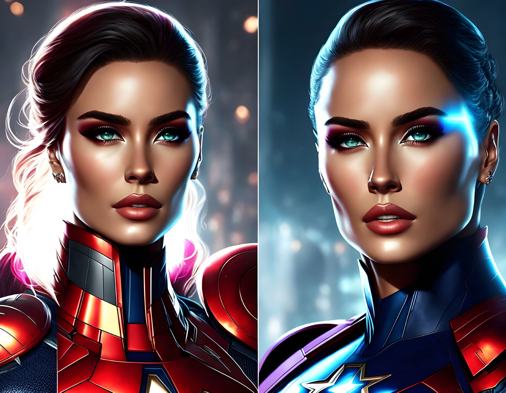 Stylized portraits of a woman with green eyes in futuristic superhero attire