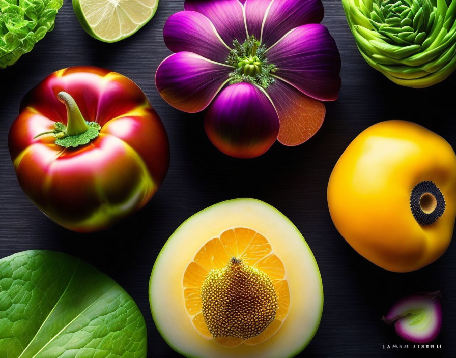 Colorful Fresh Vegetables and Fruits on Dark Background