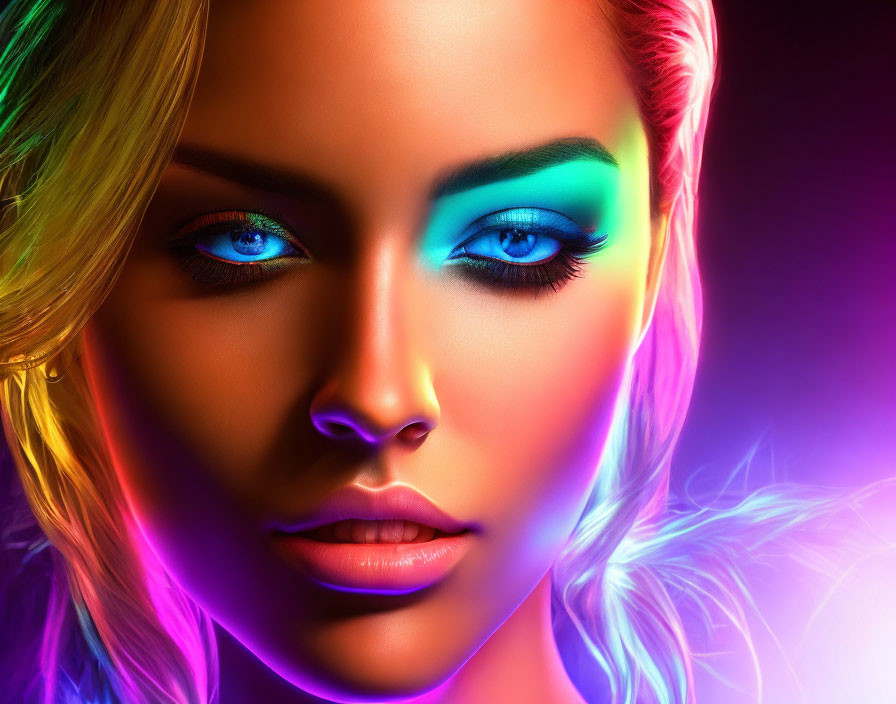 Vivid portrait of a woman with blue eyes and neon lighting