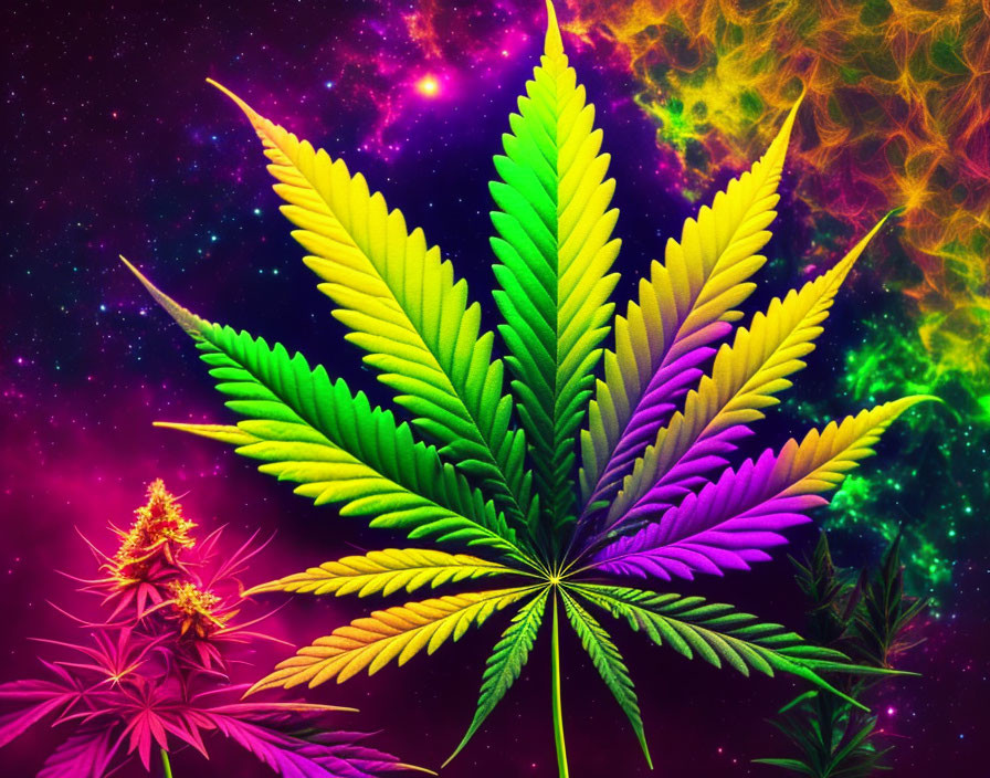 Colorful Galaxy Backdrop with Psychedelic Cannabis Leaf