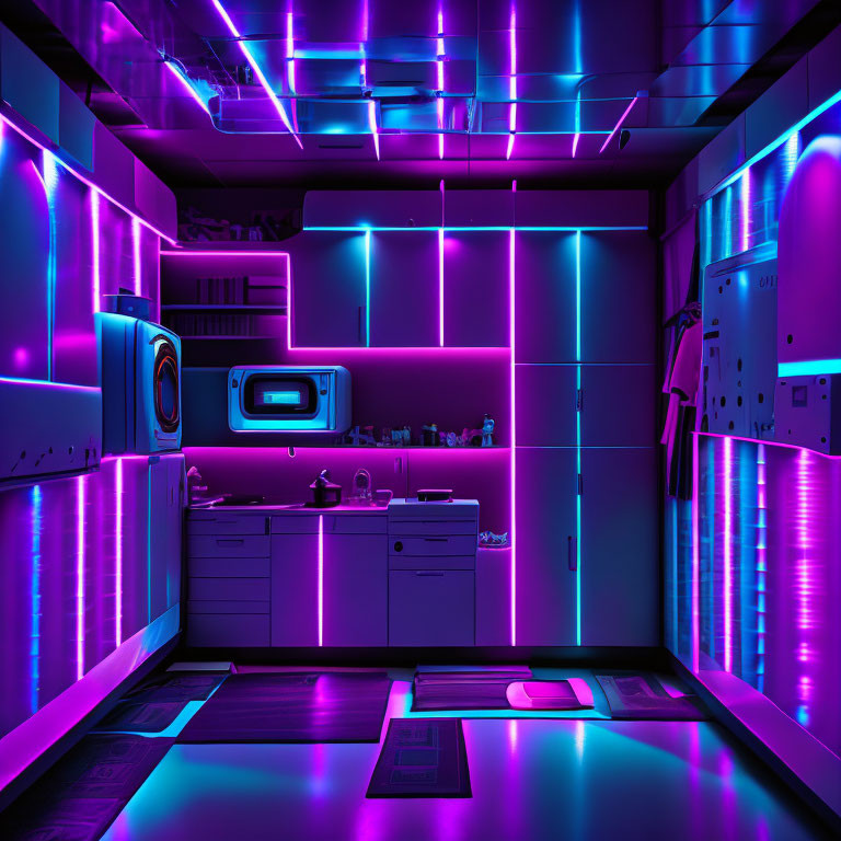 Modern kitchen with purple and blue neon lighting and sleek appliances