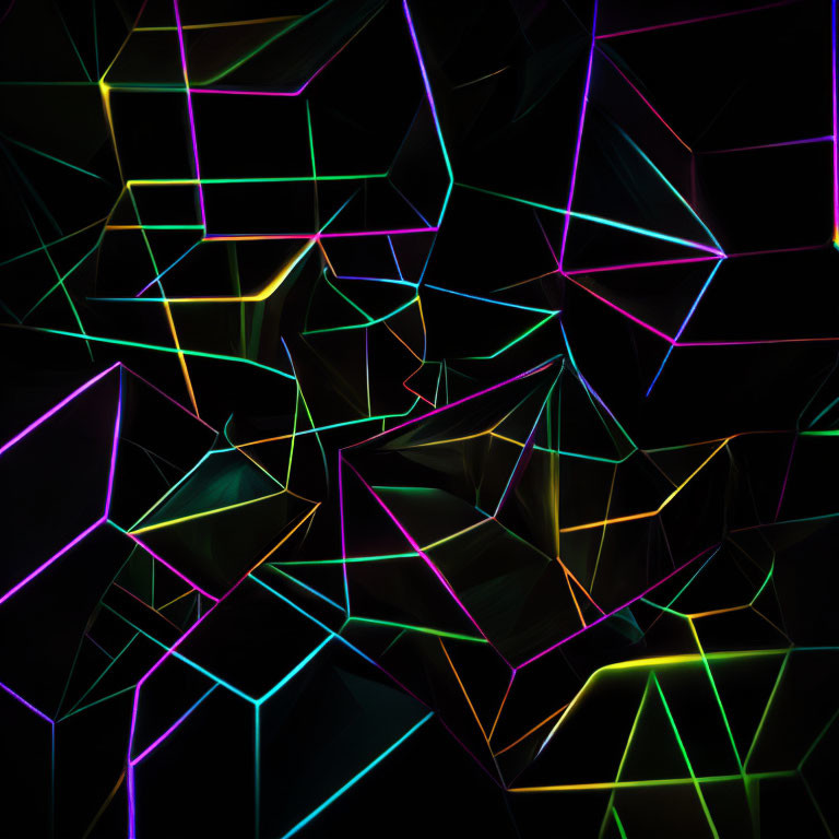 Neon-colored abstract digital art with geometric shapes on black background