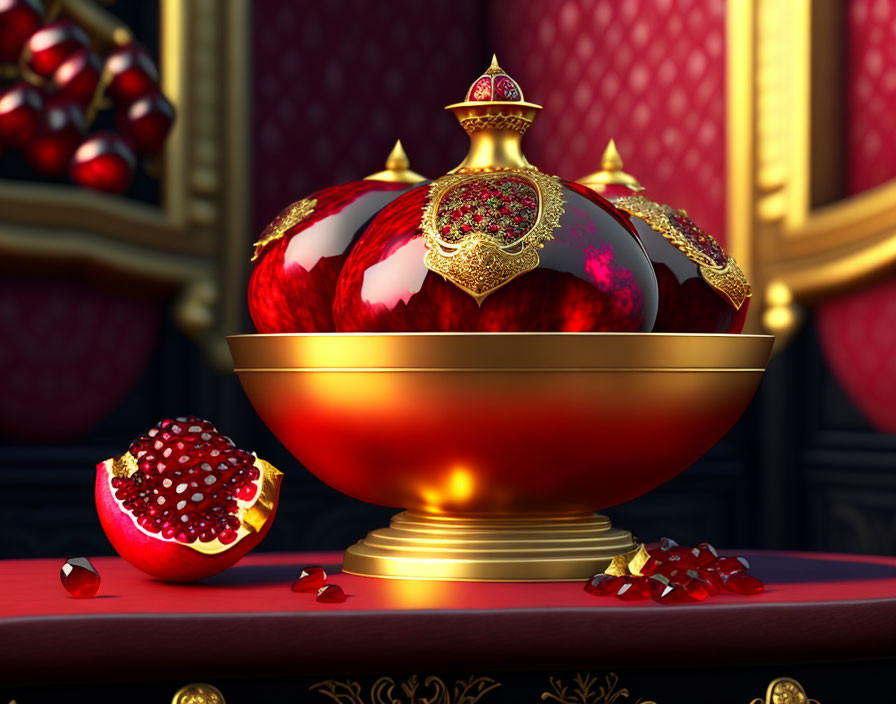 Golden and red jewel-encrusted container with pomegranate on velvet table