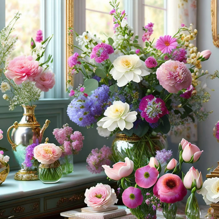 Colorful array of pink, white, and purple flowers in vases on table by window