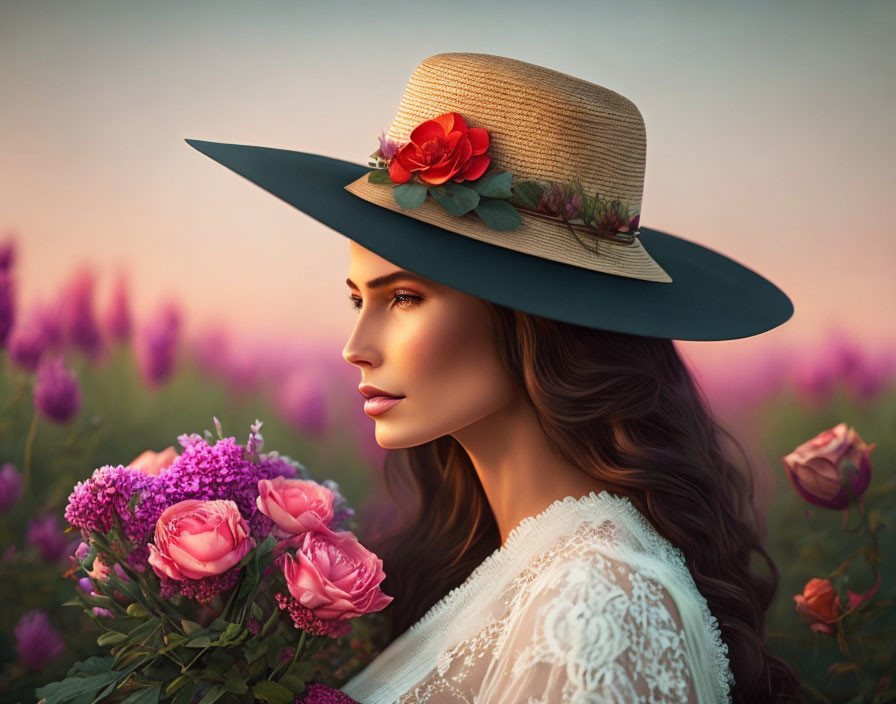 Woman in straw hat surrounded by purple flowers at dusk