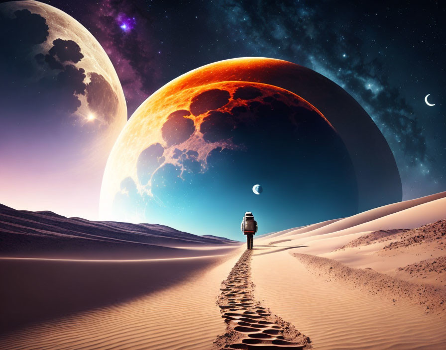 Desert path with celestial bodies under purple and orange sky