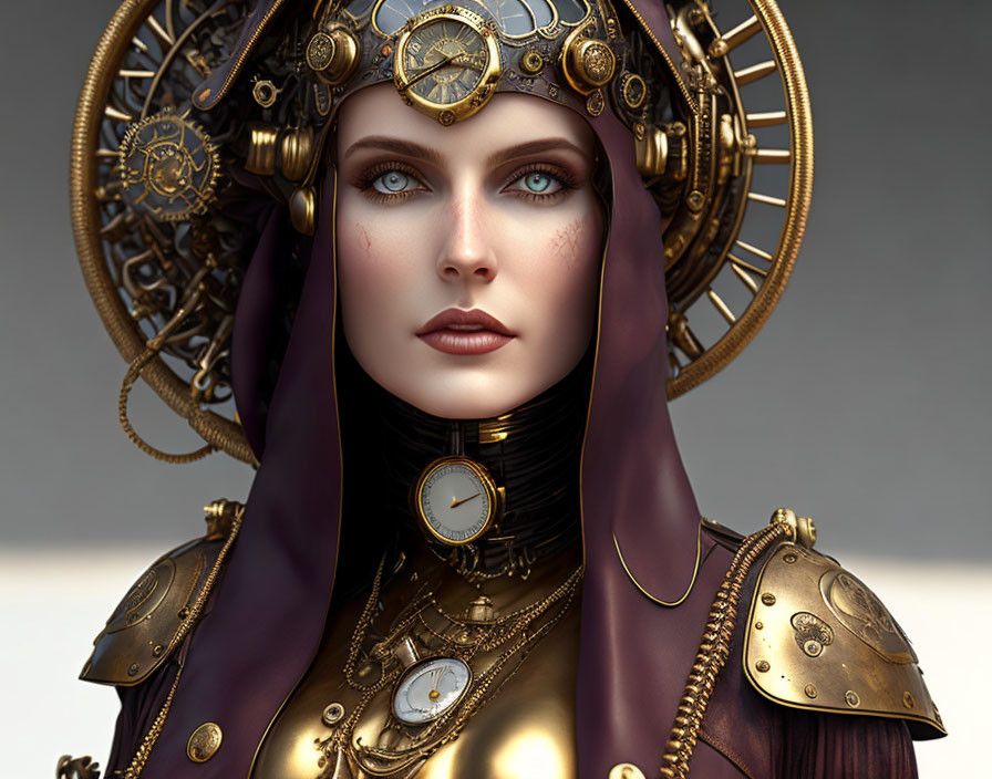 Steampunk-style digital portrait of a woman with intricate headgear and purple cloak