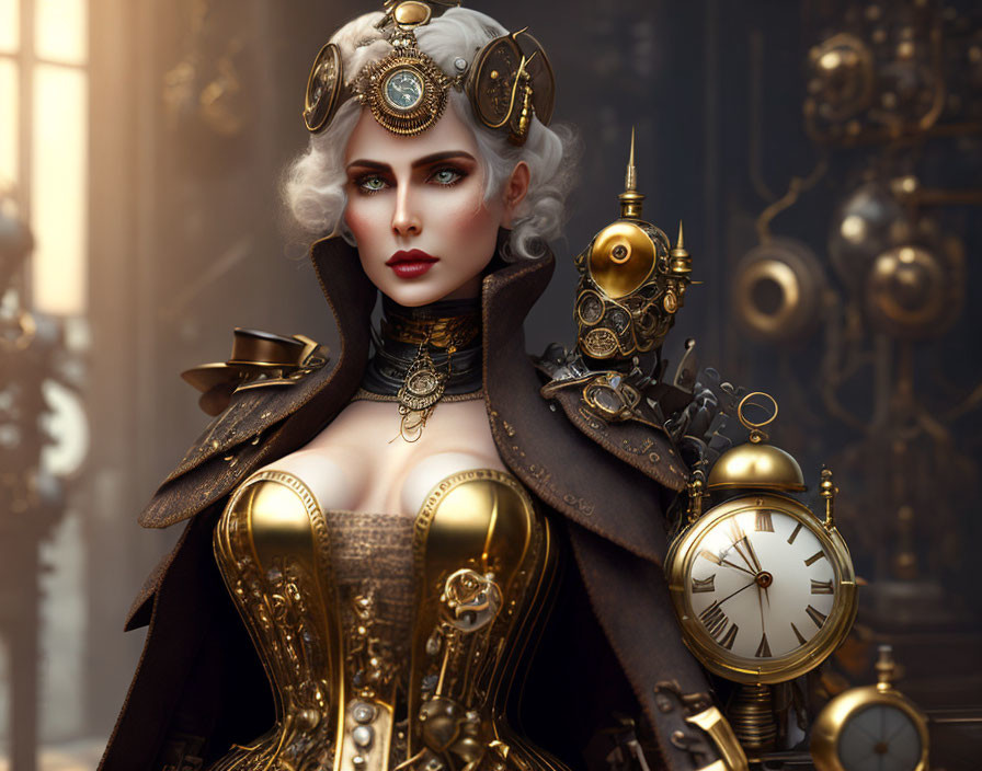 Intricate steampunk outfit with clockwork and metallic elements