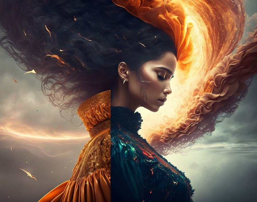 Woman with fiery hair against dramatic sky and ornate collar.