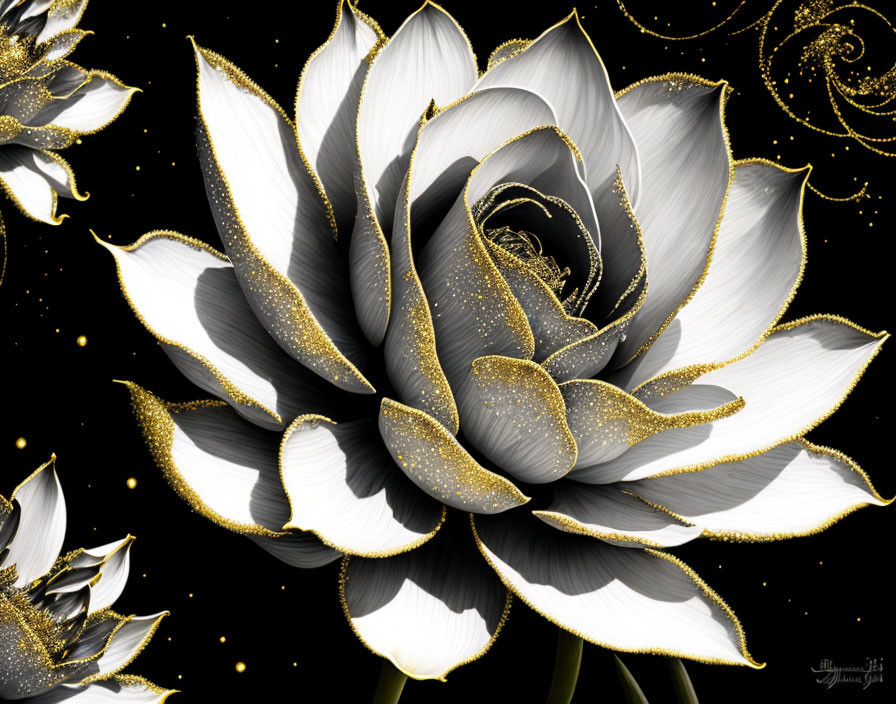 Grayscale lotus flower with gold glitter details on black background