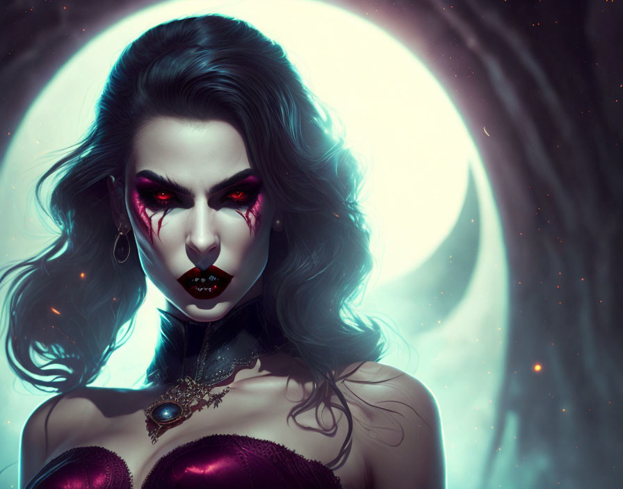 Female vampire digital artwork: Crimson eyes, sharp fangs, full moon, dark background