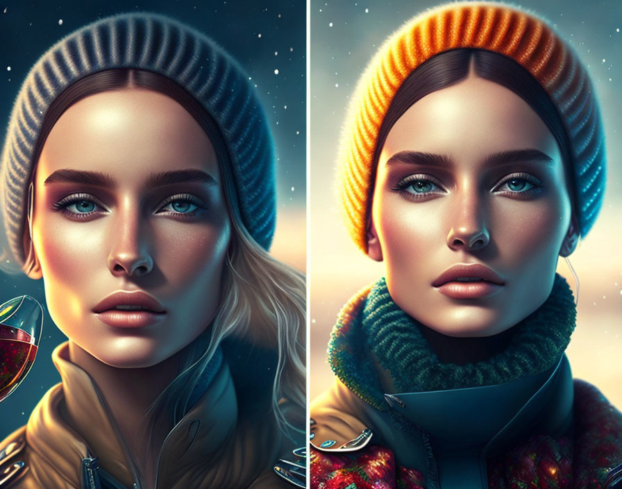 Stylized portraits of a woman with blue eyes in beanies and outerwear