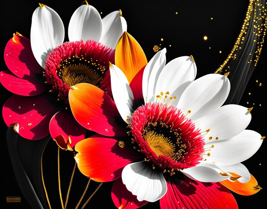 Colorful Stylized Flower Artwork with Red, White, and Orange Petals