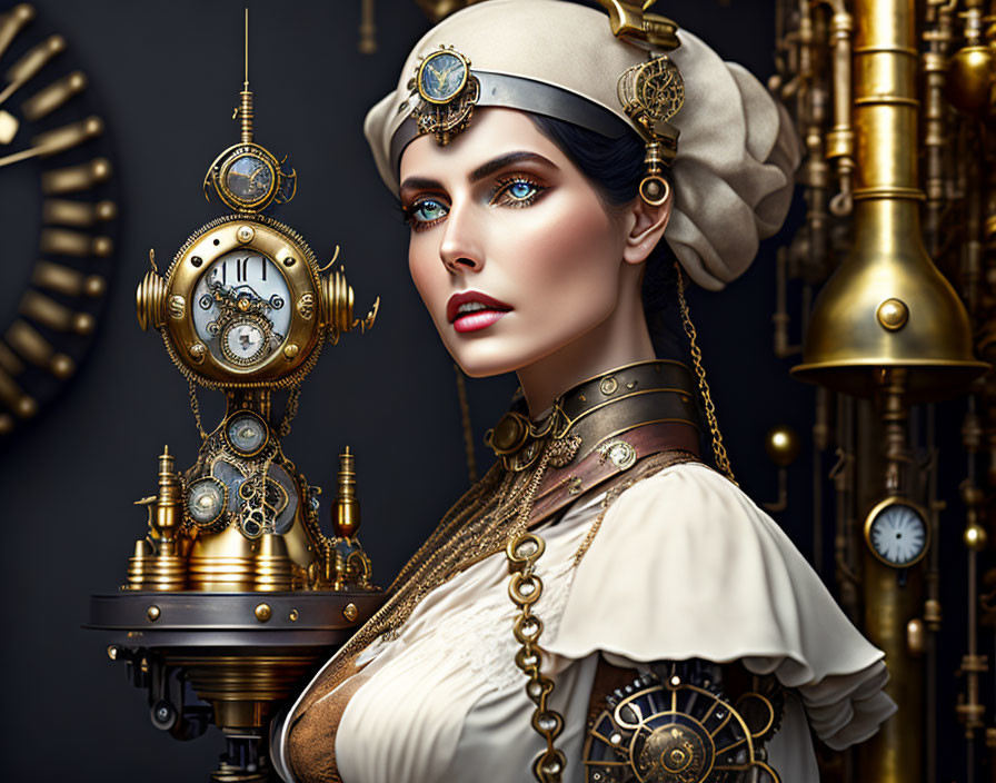 Steampunk-themed woman with gears and machinery in dark setting