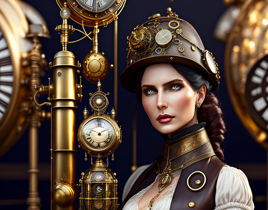 Steampunk-themed woman with brass telescope and clocks in detailed attire