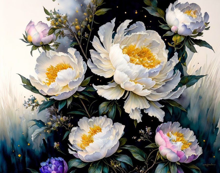 Large white and pink peonies in vibrant painting with lush green foliage