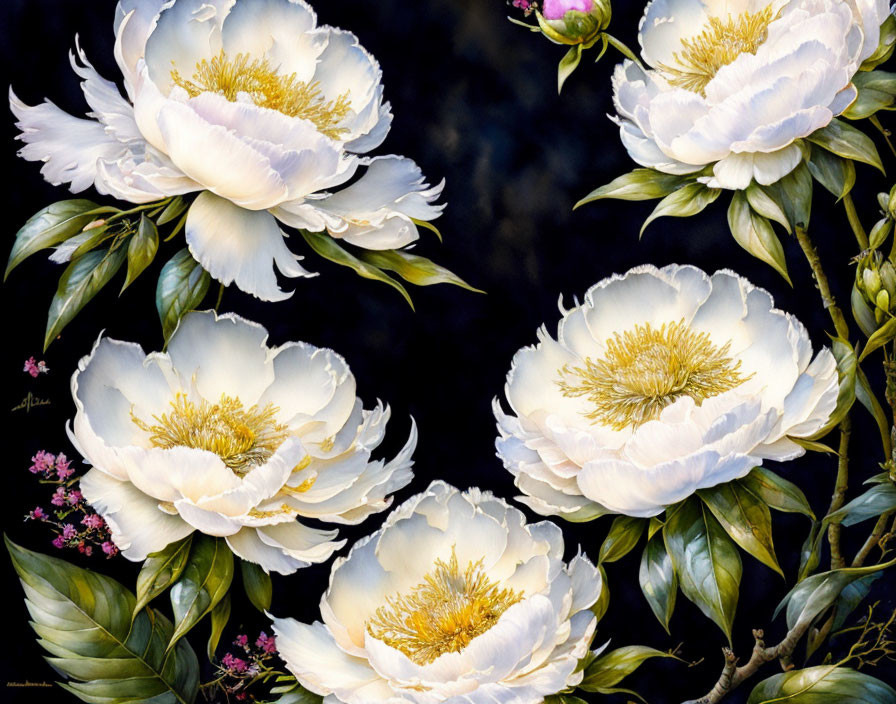 White Peonies with Yellow Centers on Dark Green Leaves and Black Background