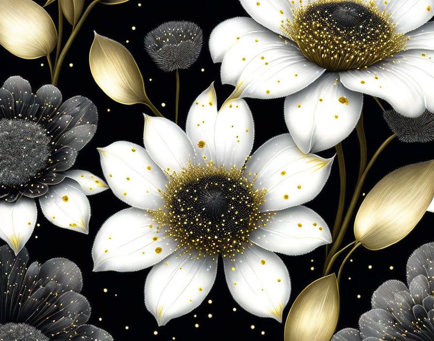 White Flowers with Glittering Golden Centers on Black Background