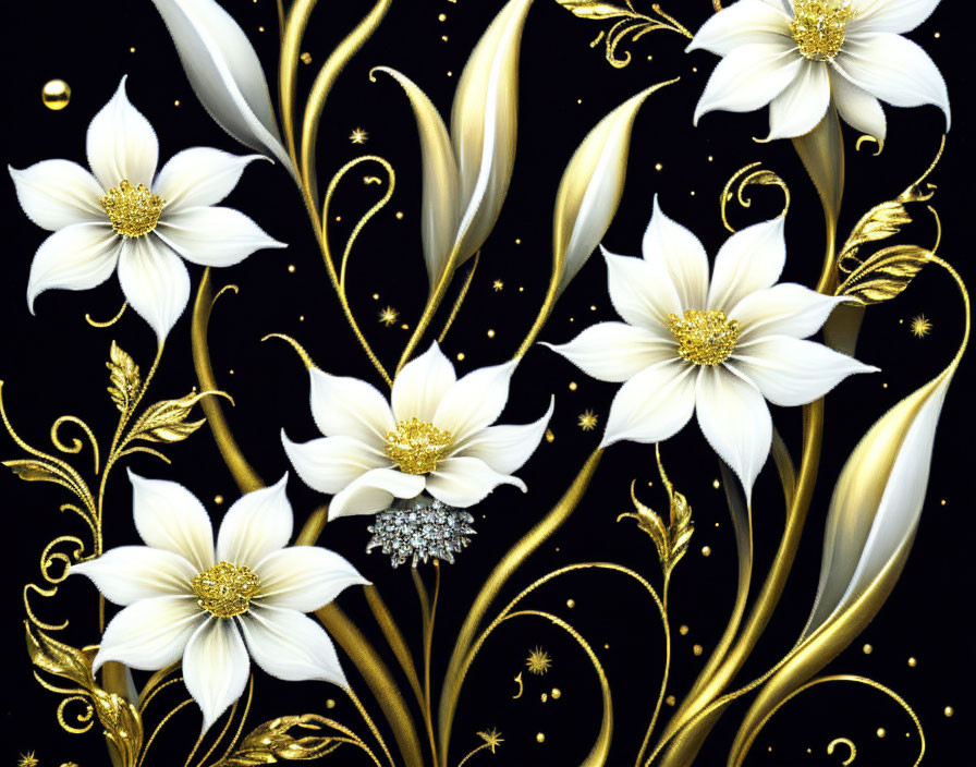 White Flowers and Gold Leaves Floral Pattern on Dark Background