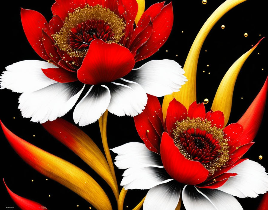 Colorful digital art: Red and white flowers with golden accents on black background