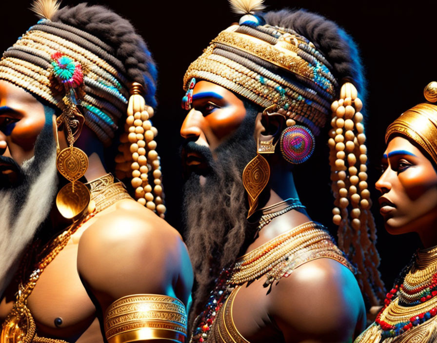 Three individuals in elaborate tribal jewelry and headdresses on dark background