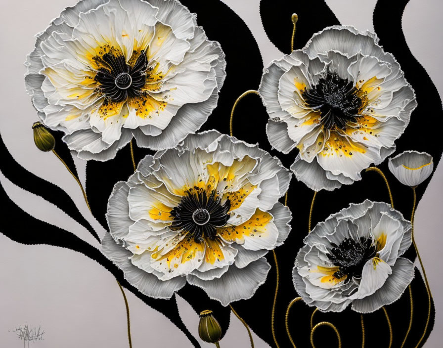 Four Large White and Yellow Poppies on Gray Background with Gold Details