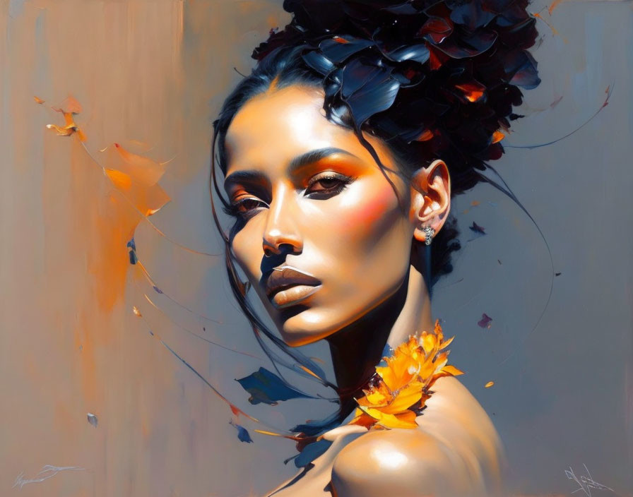 Stylized portrait of woman with autumn leaves in hair, warm tones, contemplative expression