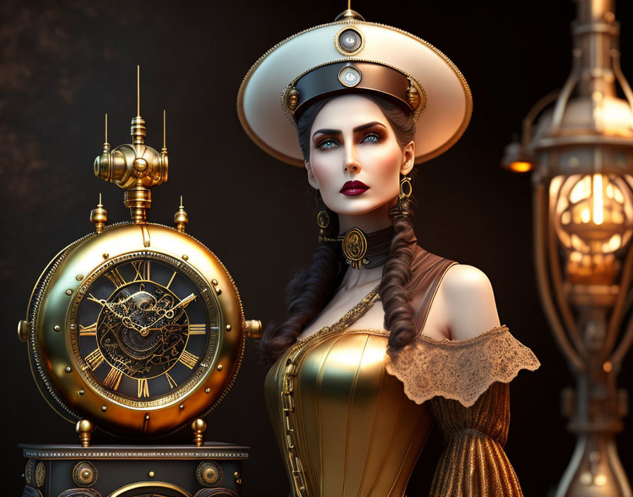 Steampunk-inspired woman in clockwork outfit against mechanical backdrop