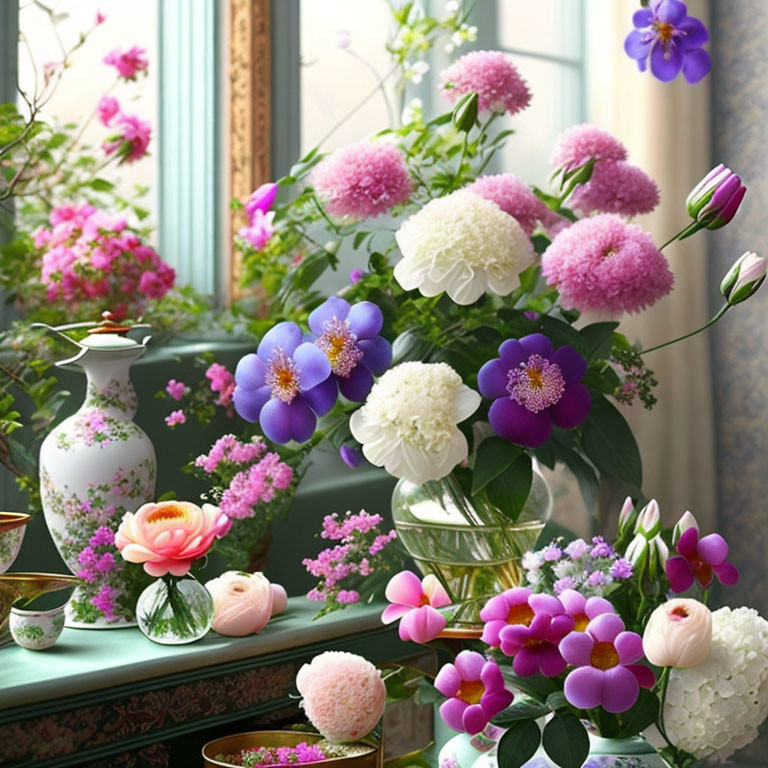 Vibrant flowers in vases on a table with sunlight filtering through window