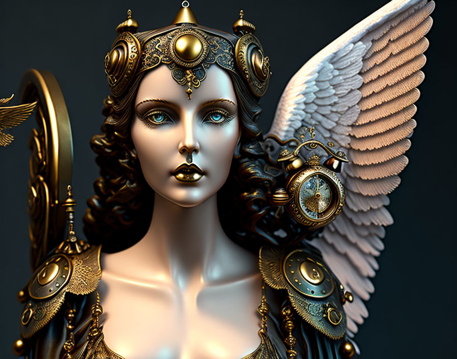 Digital artwork of woman with angelic wings and golden accessories on dark background