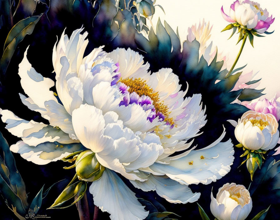 Colorful Watercolor Painting of White Peony with Purple Accents