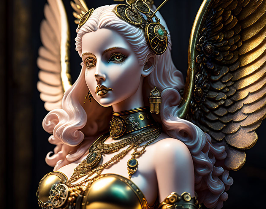 Detailed Winged Female Figurine in Ornate Golden Armor and Jewelry