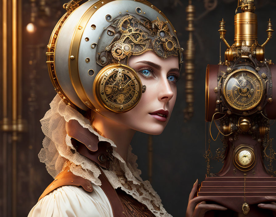 Steampunk woman with metallic helmet and clockwork posing near brass device.