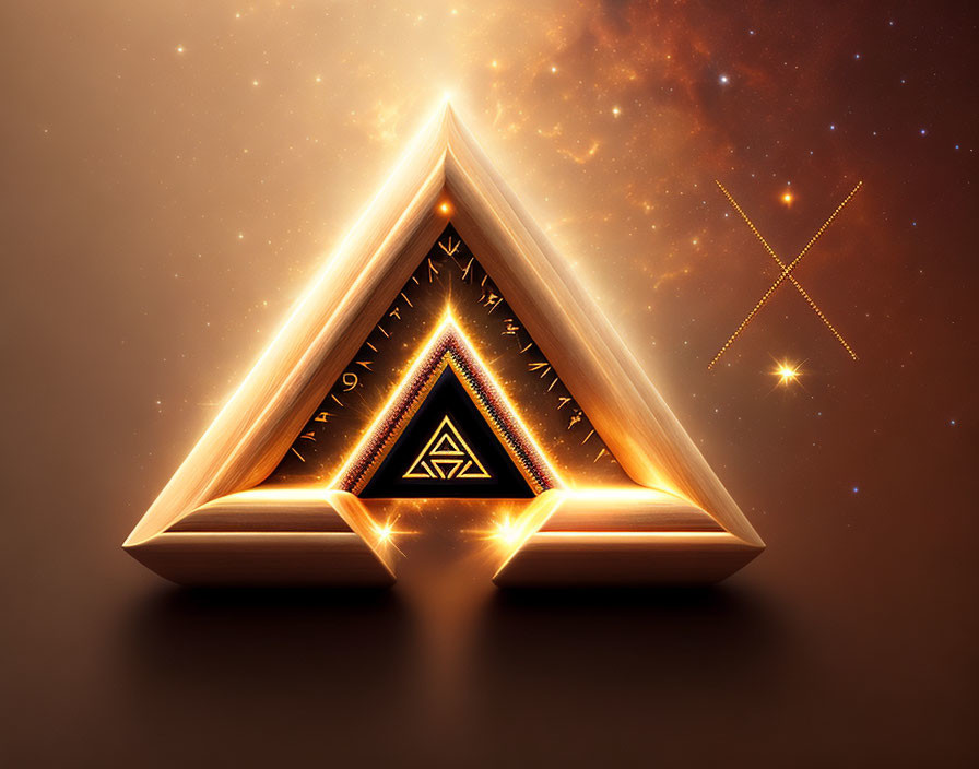 Illuminated triangle with nested triangles on cosmic background