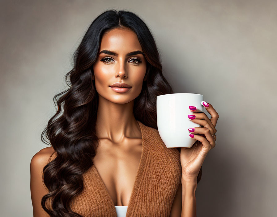 Woman with Long Wavy Hair in Tan Sweater Holding White Mug